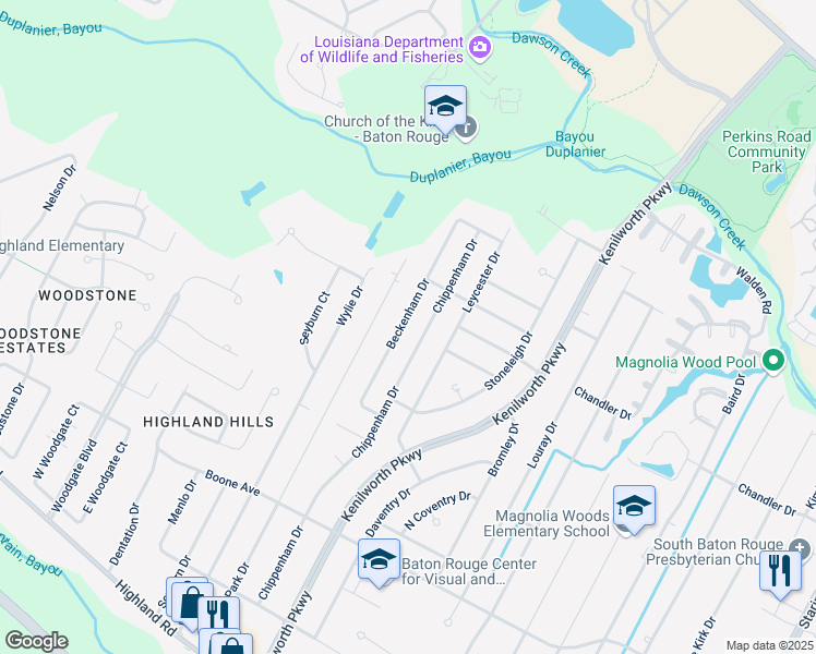 map of restaurants, bars, coffee shops, grocery stores, and more near 1228 Beckenham Drive in Baton Rouge