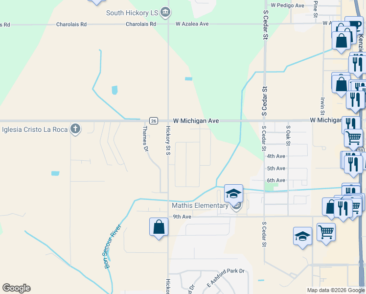 map of restaurants, bars, coffee shops, grocery stores, and more near 6258-7204 South Hickory Street in Foley