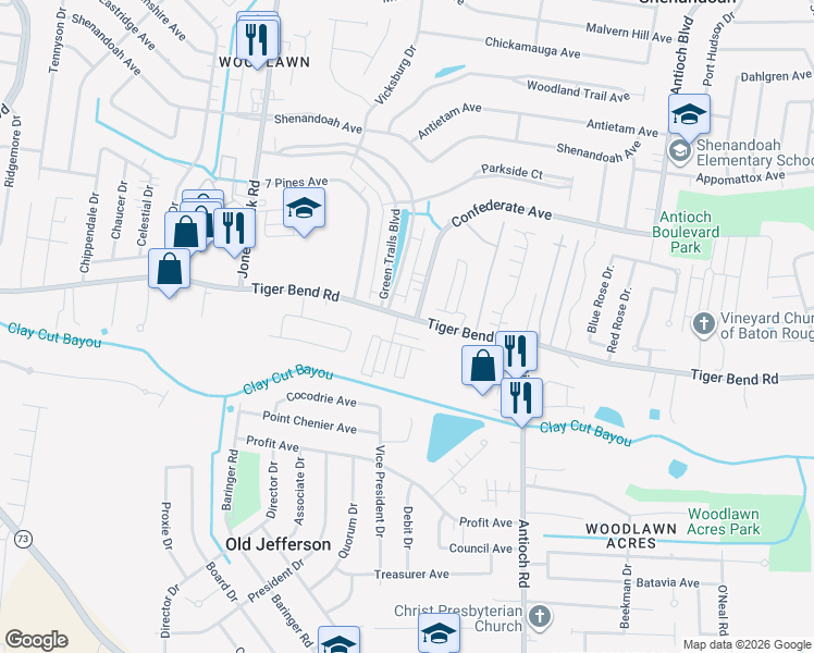 map of restaurants, bars, coffee shops, grocery stores, and more near 6950 Sugar Springs Drive in Old Jefferson