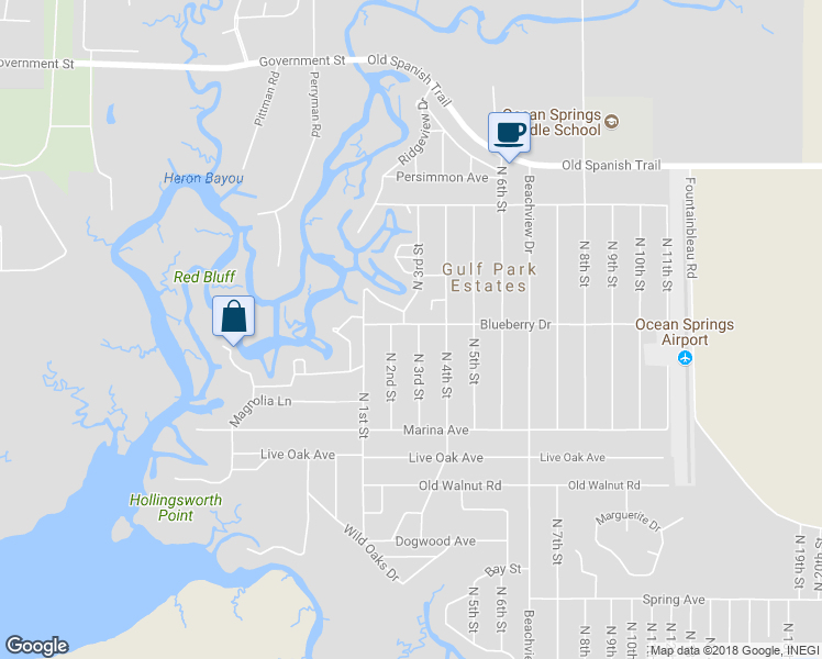 map of restaurants, bars, coffee shops, grocery stores, and more near 9301 Blueberry Drive in Ocean Springs