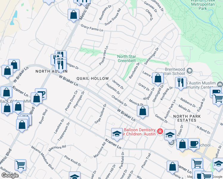 map of restaurants, bars, coffee shops, grocery stores, and more near 1513 Holstein Drive in Austin