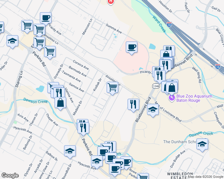 map of restaurants, bars, coffee shops, grocery stores, and more near 3501 Myrtle Grove Drive in Baton Rouge