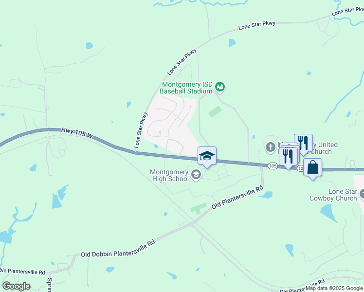 map of restaurants, bars, coffee shops, grocery stores, and more near 22872 Texas 105 in Montgomery
