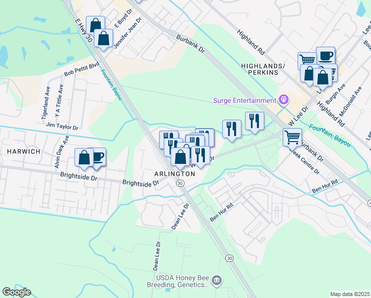 map of restaurants, bars, coffee shops, grocery stores, and more near 1132 West Lee Drive in Baton Rouge