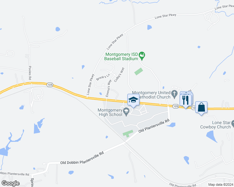map of restaurants, bars, coffee shops, grocery stores, and more near 22870 Texas 105 in Montgomery