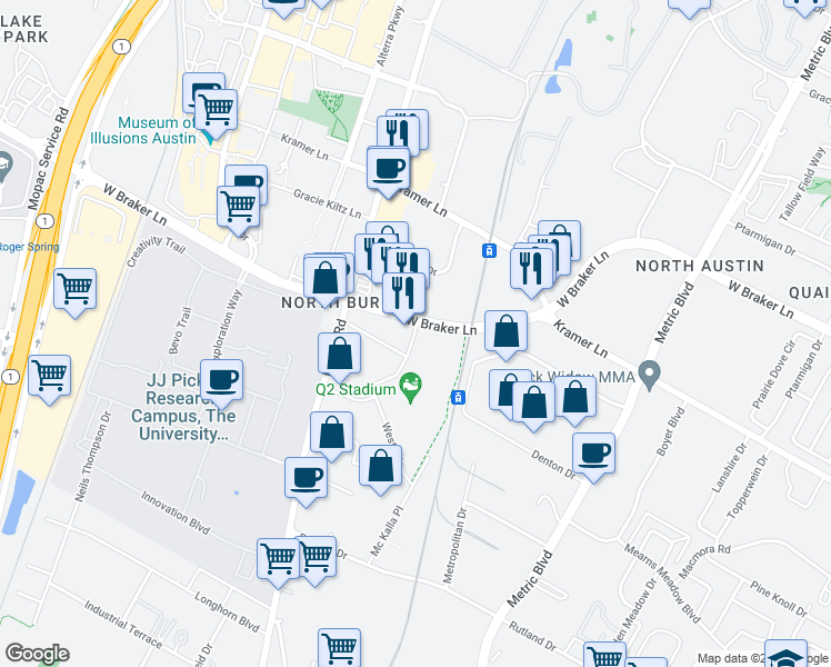 map of restaurants, bars, coffee shops, grocery stores, and more near 2511 West Braker Lane in Austin