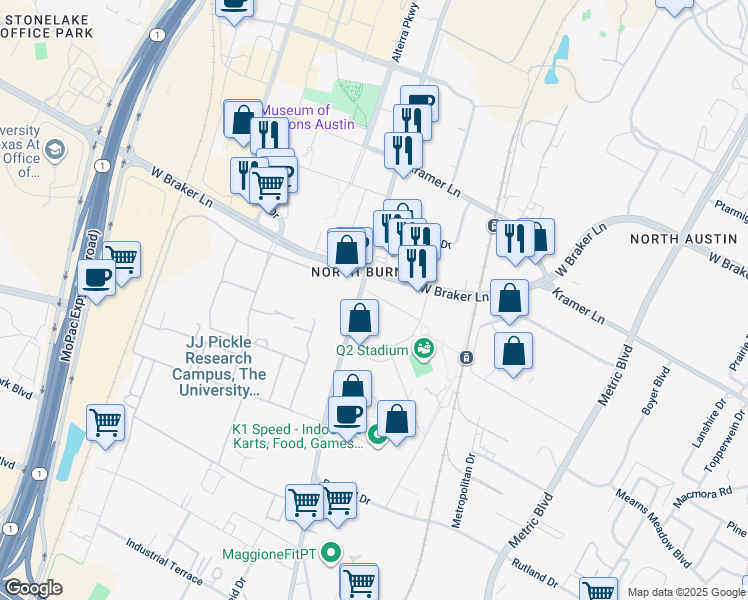map of restaurants, bars, coffee shops, grocery stores, and more near 10620 Burnet Road in Austin
