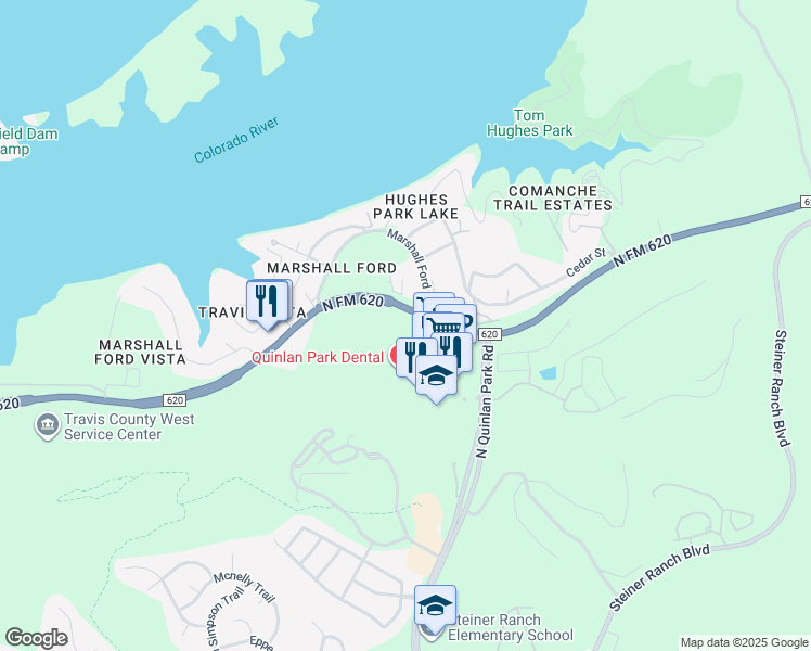 map of restaurants, bars, coffee shops, grocery stores, and more near 5009 Ranch Road 620 in Austin
