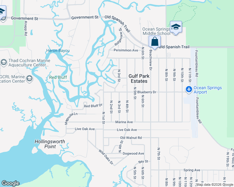 map of restaurants, bars, coffee shops, grocery stores, and more near 9301 Blueberry Drive in Ocean Springs