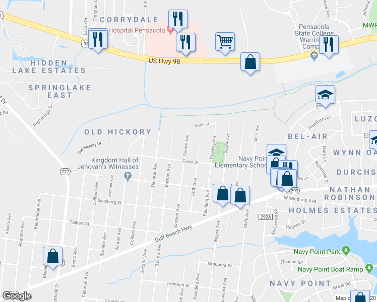 map of restaurants, bars, coffee shops, grocery stores, and more near 1196 Gordon Avenue in Pensacola