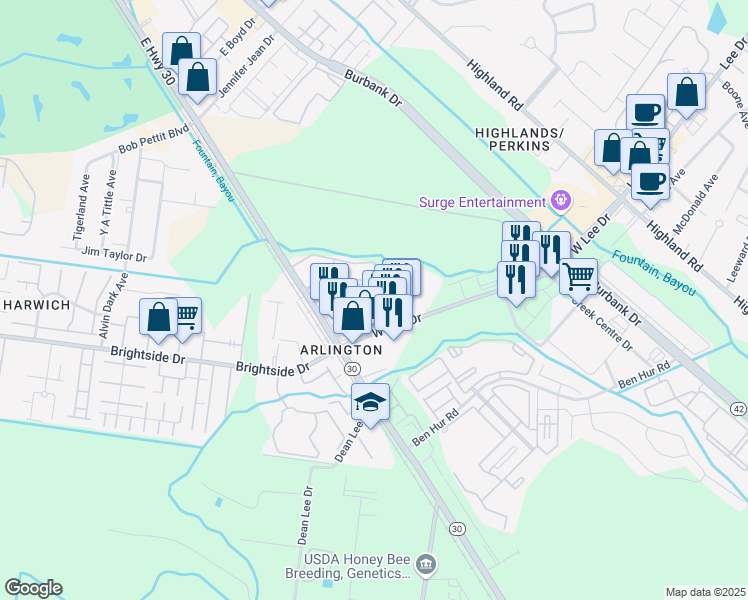 map of restaurants, bars, coffee shops, grocery stores, and more near 55 Etta Street in Baton Rouge