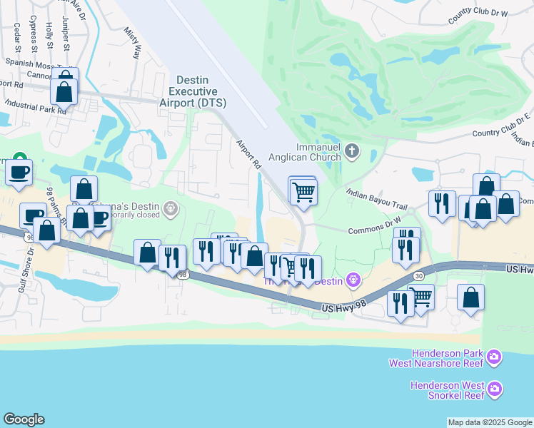 map of restaurants, bars, coffee shops, grocery stores, and more near 1150 Airport Road in Destin