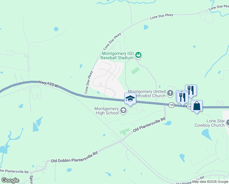 map of restaurants, bars, coffee shops, grocery stores, and more near 22870 Texas 105 in Montgomery
