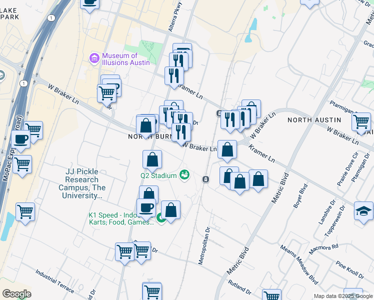 map of restaurants, bars, coffee shops, grocery stores, and more near 2511 West Braker Lane in Austin