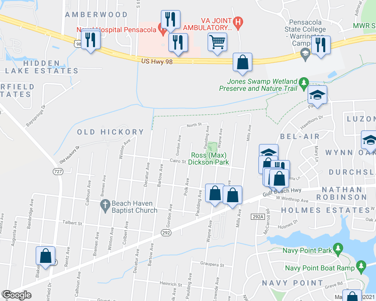 map of restaurants, bars, coffee shops, grocery stores, and more near 1111 Polk Avenue in Pensacola