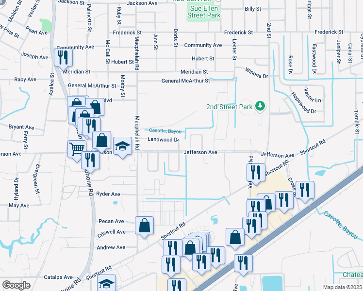 map of restaurants, bars, coffee shops, grocery stores, and more near 5037 Landwood Drive in Moss Point