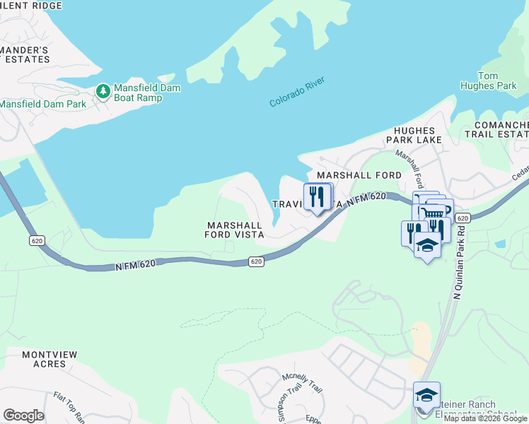 map of restaurants, bars, coffee shops, grocery stores, and more near 13208 Mansfield Drive in Austin
