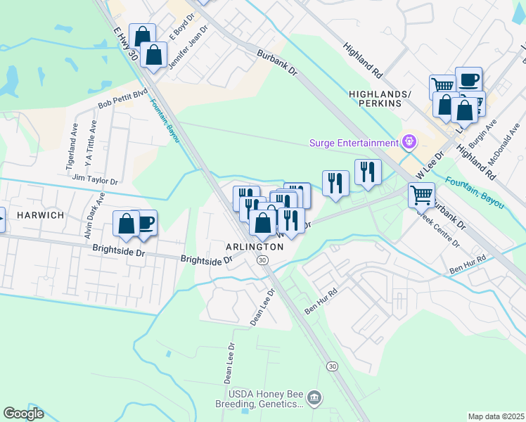map of restaurants, bars, coffee shops, grocery stores, and more near 1132 West Lee Drive in Baton Rouge