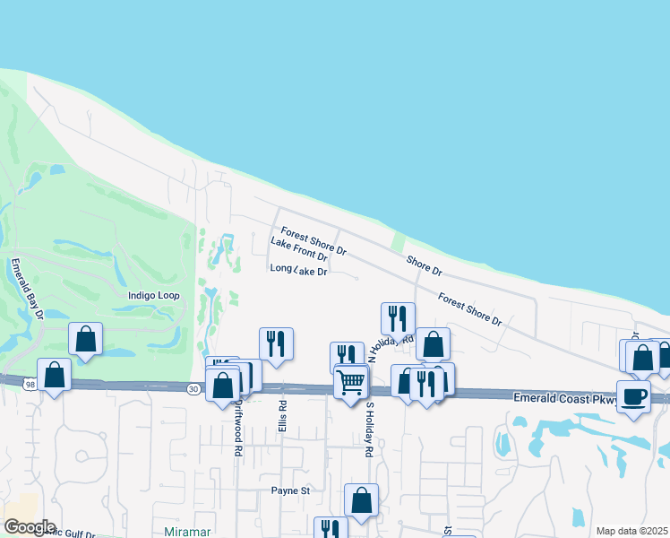 map of restaurants, bars, coffee shops, grocery stores, and more near 67 Lake Point Drive in Miramar Beach