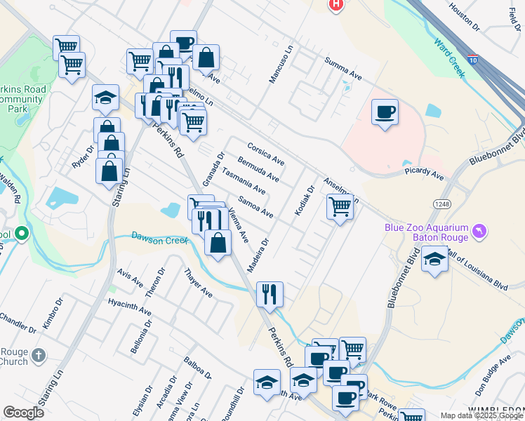 map of restaurants, bars, coffee shops, grocery stores, and more near Samoa Avenue in Baton Rouge