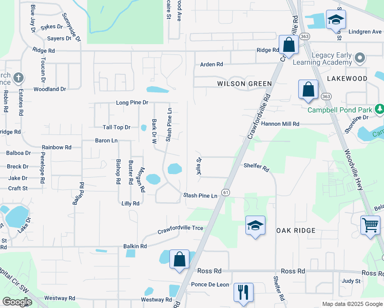 map of restaurants, bars, coffee shops, grocery stores, and more near 4214 Julia Street in Tallahassee