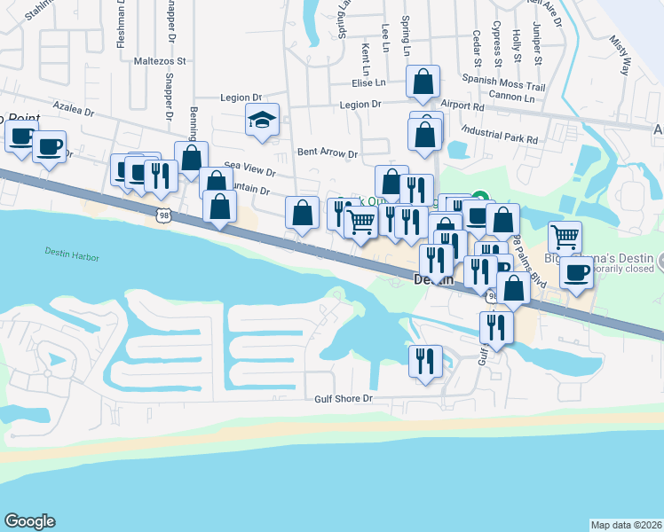 map of restaurants, bars, coffee shops, grocery stores, and more near 724 Harbor Boulevard in Destin
