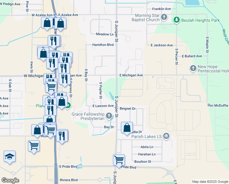map of restaurants, bars, coffee shops, grocery stores, and more near 1510 South Juniper Street in Foley