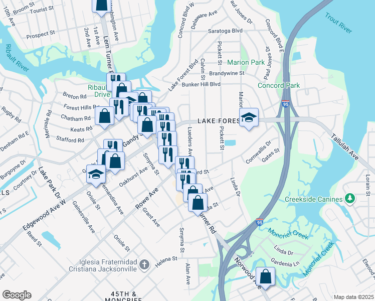 map of restaurants, bars, coffee shops, grocery stores, and more near 7604 Lueders Avenue in Jacksonville