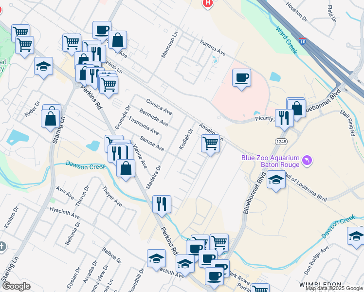 map of restaurants, bars, coffee shops, grocery stores, and more near Kodiak Drive in Baton Rouge