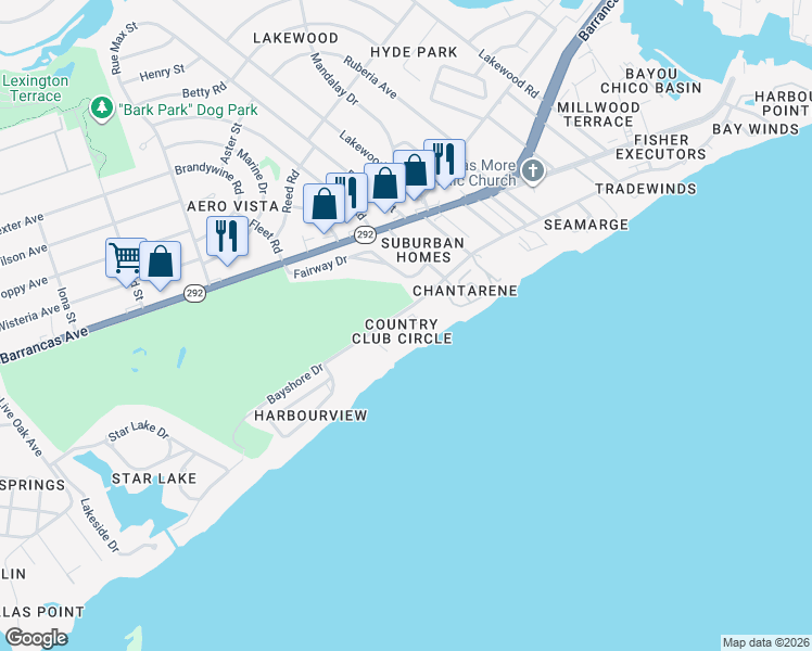 map of restaurants, bars, coffee shops, grocery stores, and more near 12 Mar Vista Circle in Pensacola