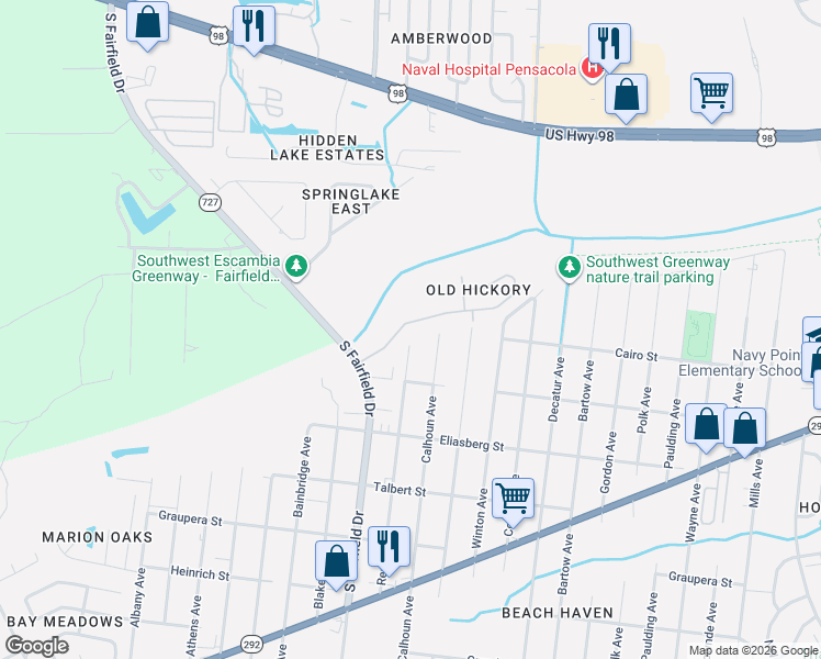 map of restaurants, bars, coffee shops, grocery stores, and more near 7679 Old Hickory Drive in Pensacola