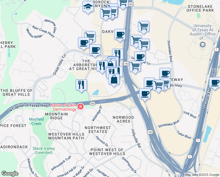 map of restaurants, bars, coffee shops, grocery stores, and more near 9442 North Capital of Texas Highway in Austin