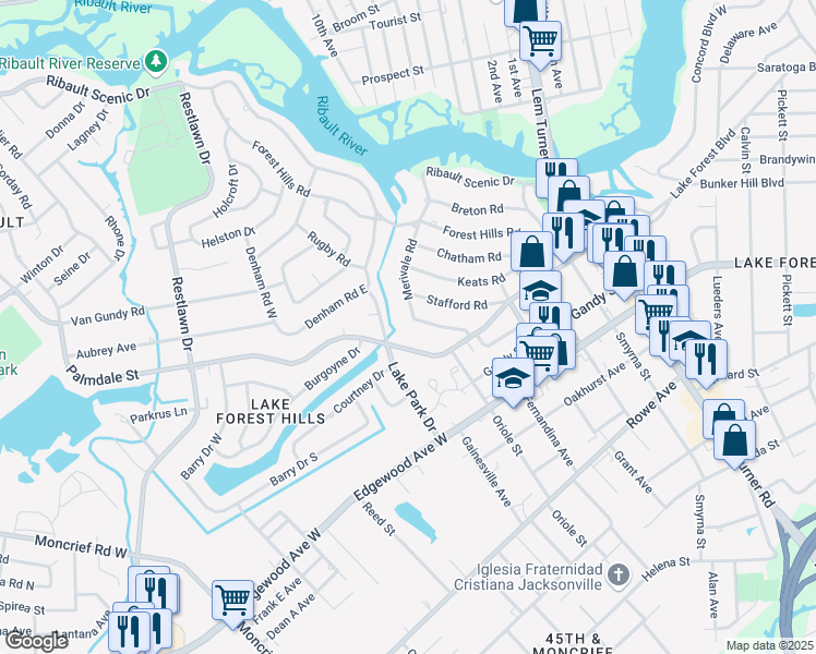 map of restaurants, bars, coffee shops, grocery stores, and more near 1796 Merivale Road South in Jacksonville