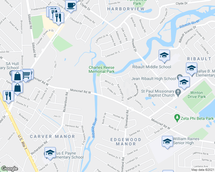 map of restaurants, bars, coffee shops, grocery stores, and more near 4611 Friden Drive in Jacksonville