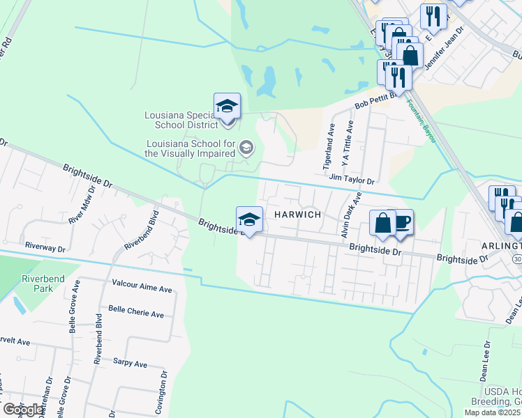 map of restaurants, bars, coffee shops, grocery stores, and more near 1450 Harwich Drive in Baton Rouge