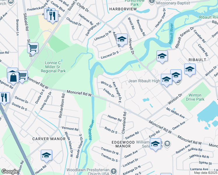 map of restaurants, bars, coffee shops, grocery stores, and more near 4611 Friden Drive in Jacksonville