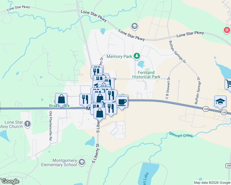 map of restaurants, bars, coffee shops, grocery stores, and more near 300 Prairie Street in Montgomery