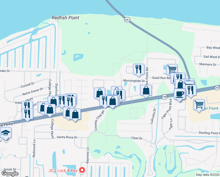 map of restaurants, bars, coffee shops, grocery stores, and more near 1606 Green Briar Parkway in Gulf Breeze