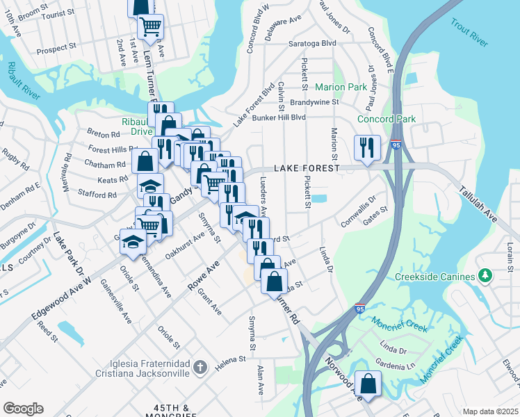 map of restaurants, bars, coffee shops, grocery stores, and more near 7604 Lueders Avenue in Jacksonville