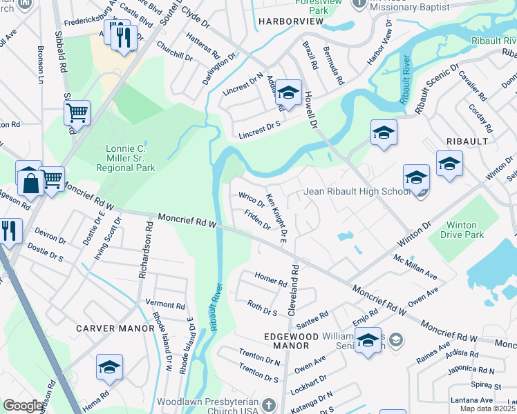 map of restaurants, bars, coffee shops, grocery stores, and more near 4611 Friden Drive in Jacksonville