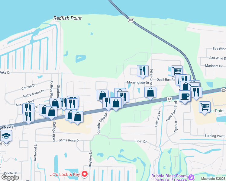 map of restaurants, bars, coffee shops, grocery stores, and more near 1606 Green Briar Parkway in Gulf Breeze