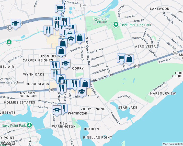map of restaurants, bars, coffee shops, grocery stores, and more near 1233 South Old Corry Field Road in Pensacola
