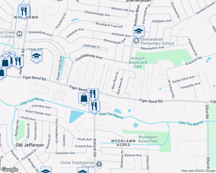 map of restaurants, bars, coffee shops, grocery stores, and more near 6632 Blue Rose Drive in Baton Rouge