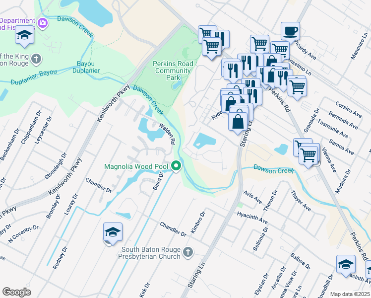 map of restaurants, bars, coffee shops, grocery stores, and more near 1446 Lake Calais Court in Baton Rouge