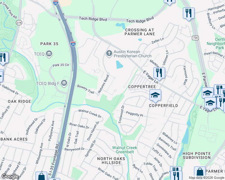 map of restaurants, bars, coffee shops, grocery stores, and more near 840 Waterfall Way in Austin