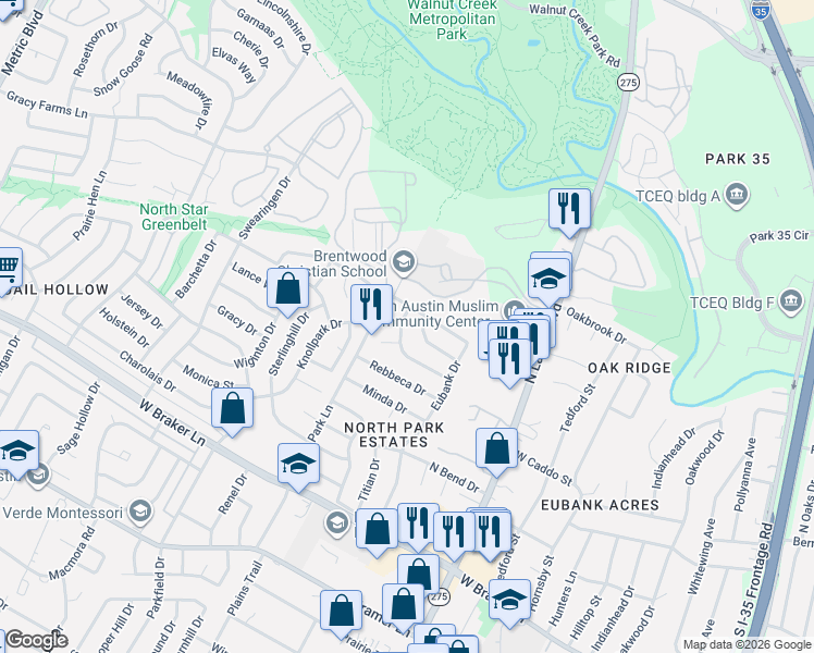 map of restaurants, bars, coffee shops, grocery stores, and more near 1006 Silbury Drive in Austin