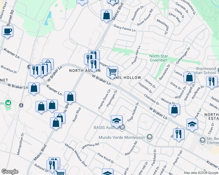 map of restaurants, bars, coffee shops, grocery stores, and more near 11226 Prairie Dove Circle in Austin