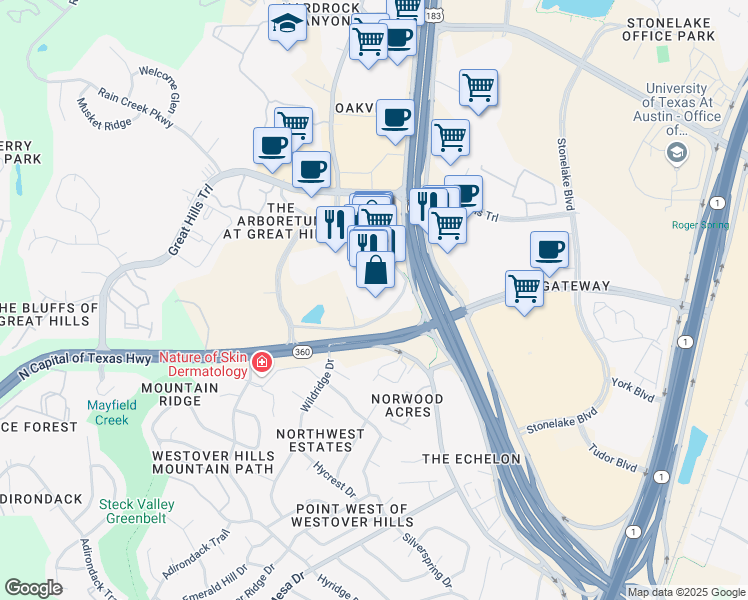 map of restaurants, bars, coffee shops, grocery stores, and more near 9442 North Capital of Texas Highway in Austin