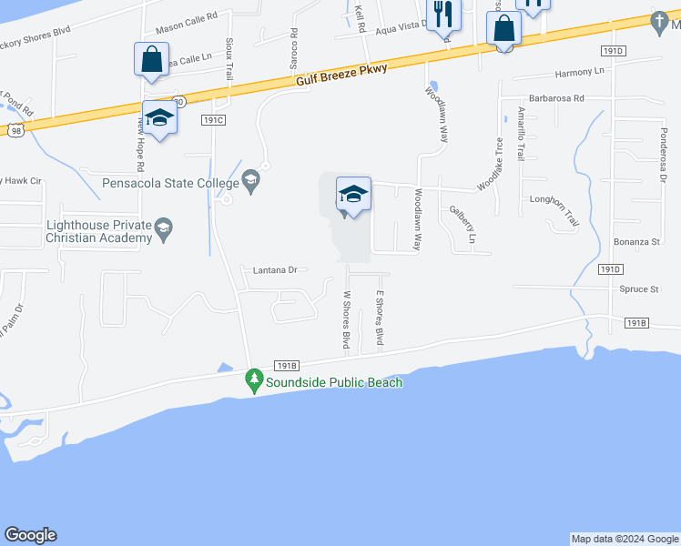 map of restaurants, bars, coffee shops, grocery stores, and more near 1483 West Shores Boulevard in Gulf Breeze