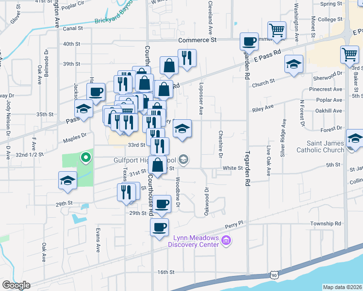 map of restaurants, bars, coffee shops, grocery stores, and more near 529 Loposser Avenue in Gulfport